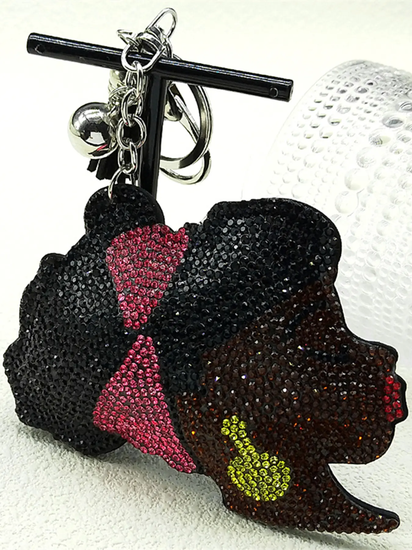 Black Women Full Rhinestones Girls Head Key Chain for Women Men Leather Silver Color Keyring Bag Car Accessories Gift, Keyrings For Keys, Keychain For Bags, Keychain, Bling Bling Keychains, Key Chain For Car Keys