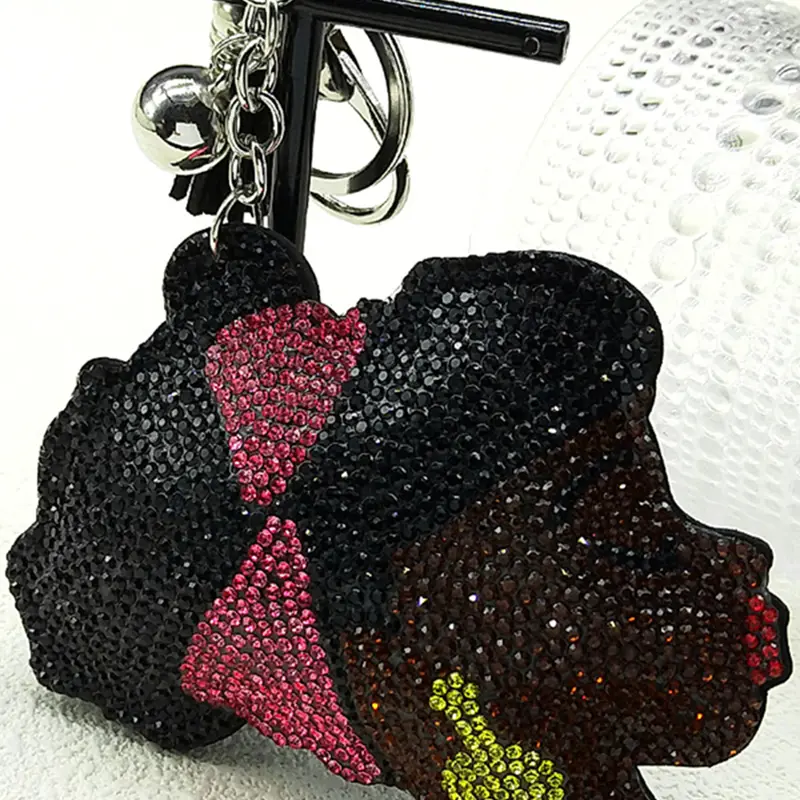 Black Women Full Rhinestones Girls Head Key Chain for Women Men Leather Silver Color Keyring Bag Car Accessories Gift, Keyrings For Keys, Keychain For Bags, Keychain, Bling Bling Keychains, Key Chain For Car Keys