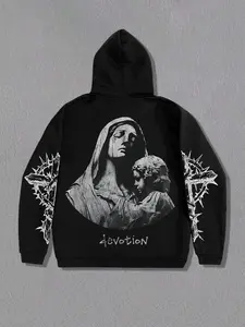 Men's Letter & Virgin Mary Print Zip Up Hoodie, Regular Fit Casual Street Long Sleeve Hooded Sweatshirt for Fall & Winter, Men's Clothes for Daily Wear, Casual Streetwear Sweatshirt
