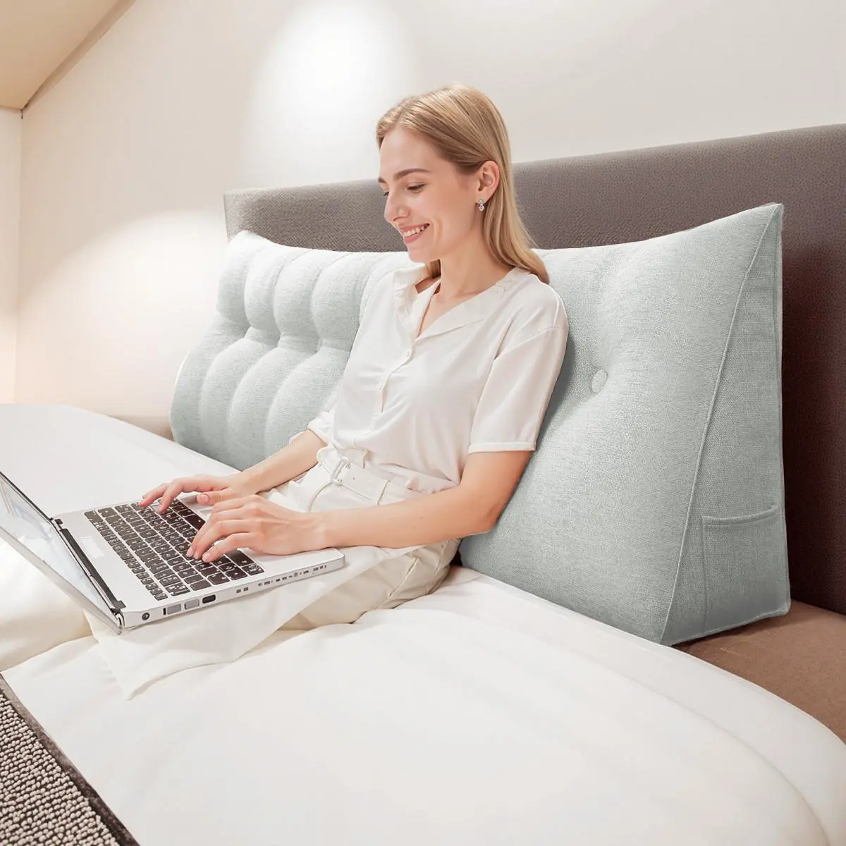Tufted Triangle Wedge Reading Pillow - Linen Fabric Detachable Cover, 39*20*8 Inch Multi-Size Bed Backrest, Cozy Setup Posture Fix Reading Aesthetic Extra Soft Neck Care Bolster for Queen/King/California King Beds