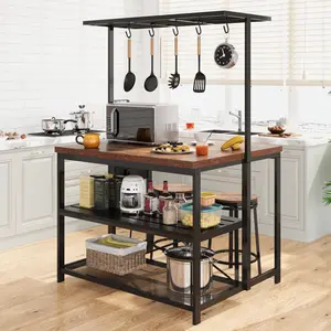 Kitchen Island Table with Power Outlet & Storage, 3 Tier Storage Shelf Microwave Stand Baker Rack, 42 Inch Multifunctional Heavy Duty Kitchen Serving Cart with 5 S-Hooks for Dining Room Living Room Home Kitchen Organizer
