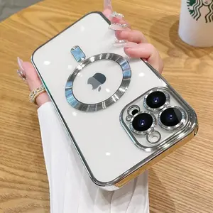 Luxury Transparent Magsafe Wireless Charging Case For iPhone 17Air 17 11 12 13 14 15 16 Pro Max Plus X XS XR Magnetic Soft Silicone Cover Matte Purple Gradient Glitter Bling Shockproof Cover Protection