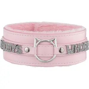 Handmade collar choker necklace for women-cat ear O-ring punk goth letter choker, Black/pink furry alt fashion jewelry