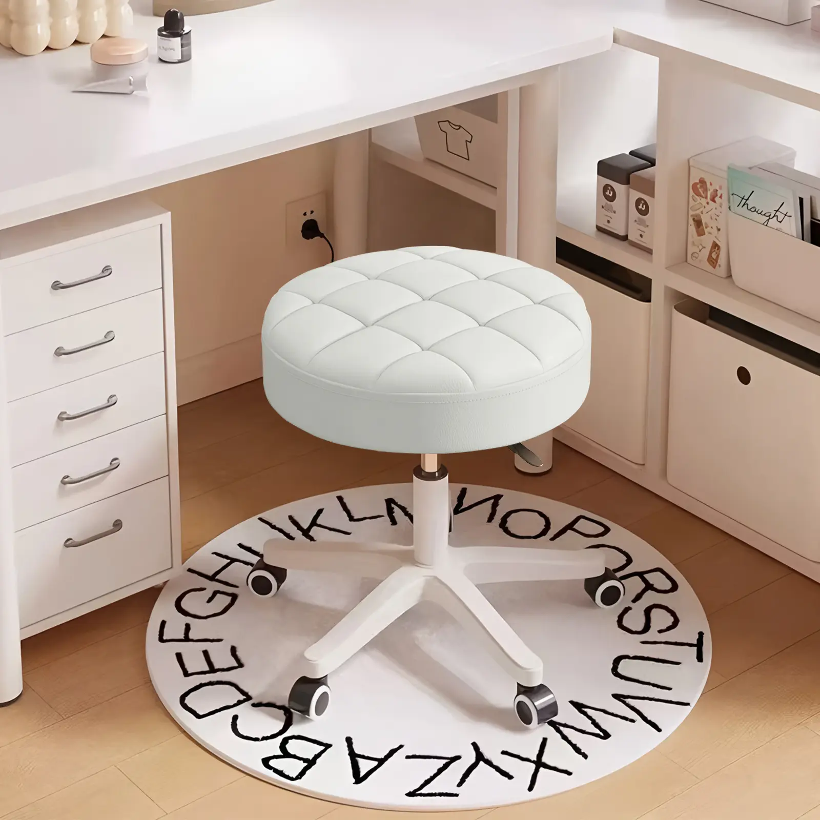 【Summer sale】Small Chair Round Rolling Stool with Wheels PU Leather Height Adjustable Swivel Drafting Work SPA Salon Stools Home Office Chair