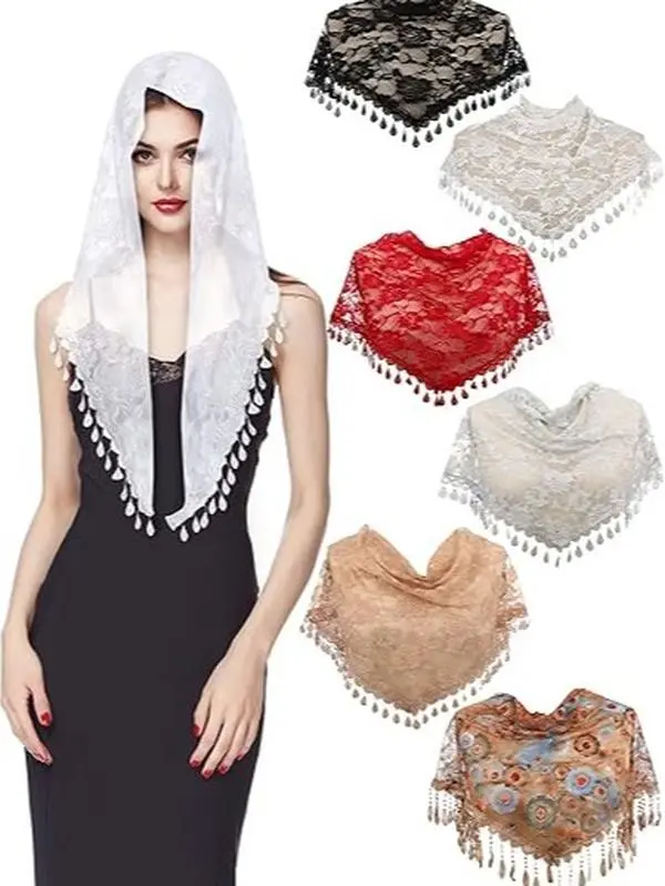 6 Packs 58.27x18.9 Inches Catholic Triangle Church Veil Mass Lace Women Wedding Shawl Floral Scarf Head Covering for Cathedral