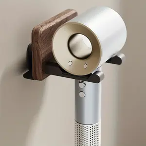 Walnut Wood Hair Dryer Stand No Drilling Bathroom Blow Dryer Holder Rack Universal Model, Durable & Stylish Wooden Design, Easy Installation