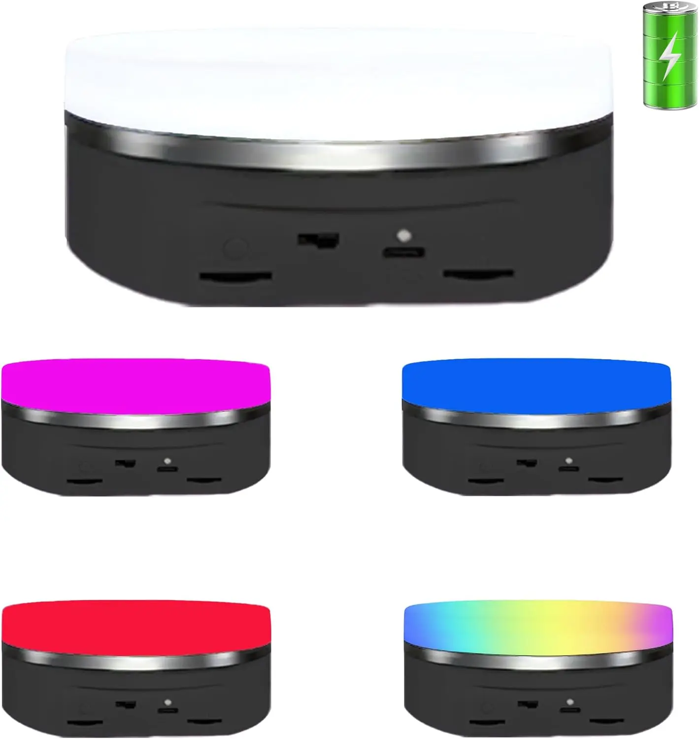 Variety Colors Full Panel LED Luminous Rotating Display Stand , 11 Lbs Load, 360 Degree Photography Turntable for Glass Crystal , Jewelry (6.3inch / 5Color LED Light / Black/Rechargeabl) Candy Display Stand Organiser Racks Rechargeable