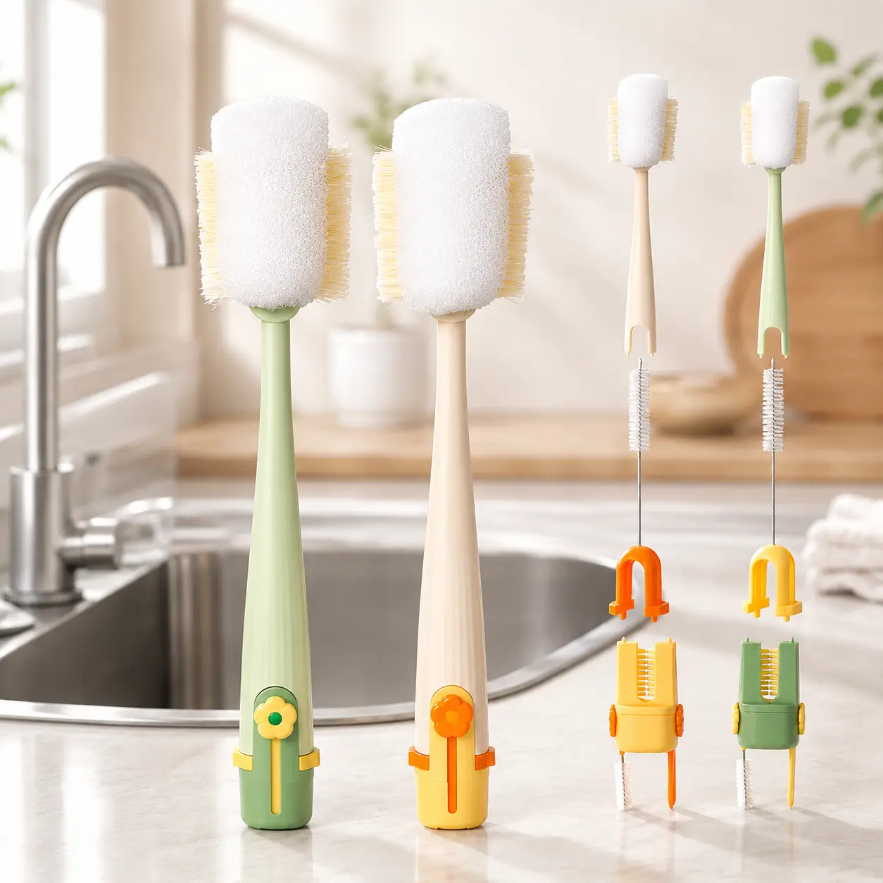 2pcs Multifunctional Plastic 5-in-1 Bottle Cleaning Brushes - Green & Blue, Extended Handle for Deep Cleaning PP+ABS Hard Bristle Scrubber, Space-Saving Vertical Base, Gentle on Bottles & Cup Lids, 5-In-1 Design
