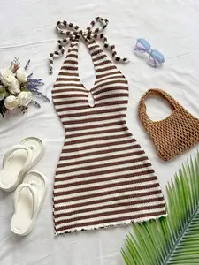 Elegant Boho Style Stripe Sleeveless Mini Dress, Casual Wear, Off-Shoulder Backless Design, Perfect for Summer Beach Weddings, Graduations, Easter, Music Festivals