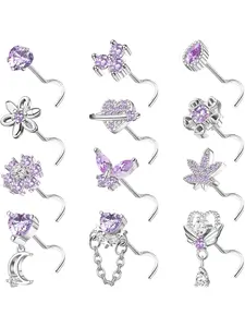 Delicate 12 Pcs Purple Silvery Nose Studs 20G Copper 304 Stainless Steel Nose Rings for Women Men S Shaped Corkscrew Dangle Nose Studs Rings Piercing Jewelry Sparkling CZ Heart Moon Butterfly Nose Rings Studs High Quality Jewelry