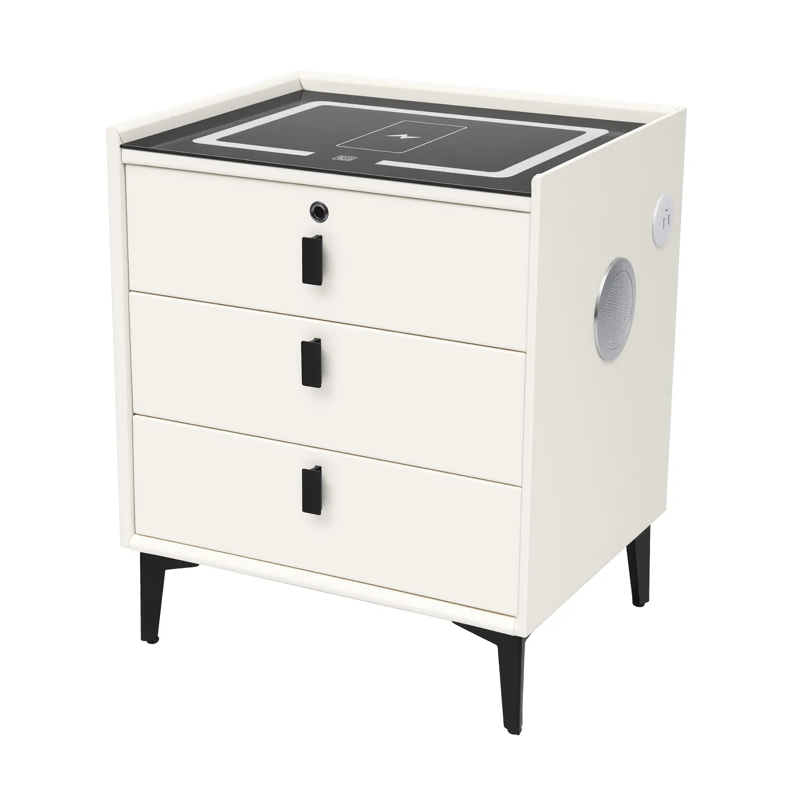 Solid Wood Rectangle Nightstand - Aluminium 3-Drawer Bedroom Bedside Cabinet (50x40x59cm) for Apartment Home Decor, Storage Dresser with US Plug, Wireless Charging, USB Port, Fingerprint Lock, Bluetooth Speaker, 3-Color Ambient Light, Graduation Gift, Pu,