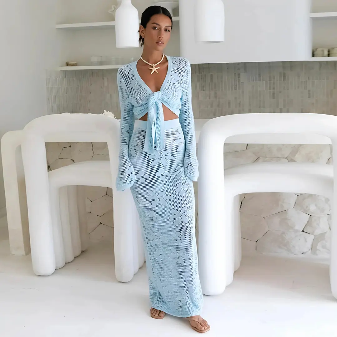 Saodimallsu Beach Cover Up for Women, Boho Crochet 2 Piece Set with a V-Neck Long Sleeve Wrap Crop Top and Maxi Skirt, Beach Cover Ups, Swimsuit Cover Ups