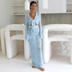 Saodimallsu Womens Crochet Swim Cover Up 2 Piece V Neck Long Sleeve Wrap Tie Crop Tops Beach Boho Maxi Coverup Set