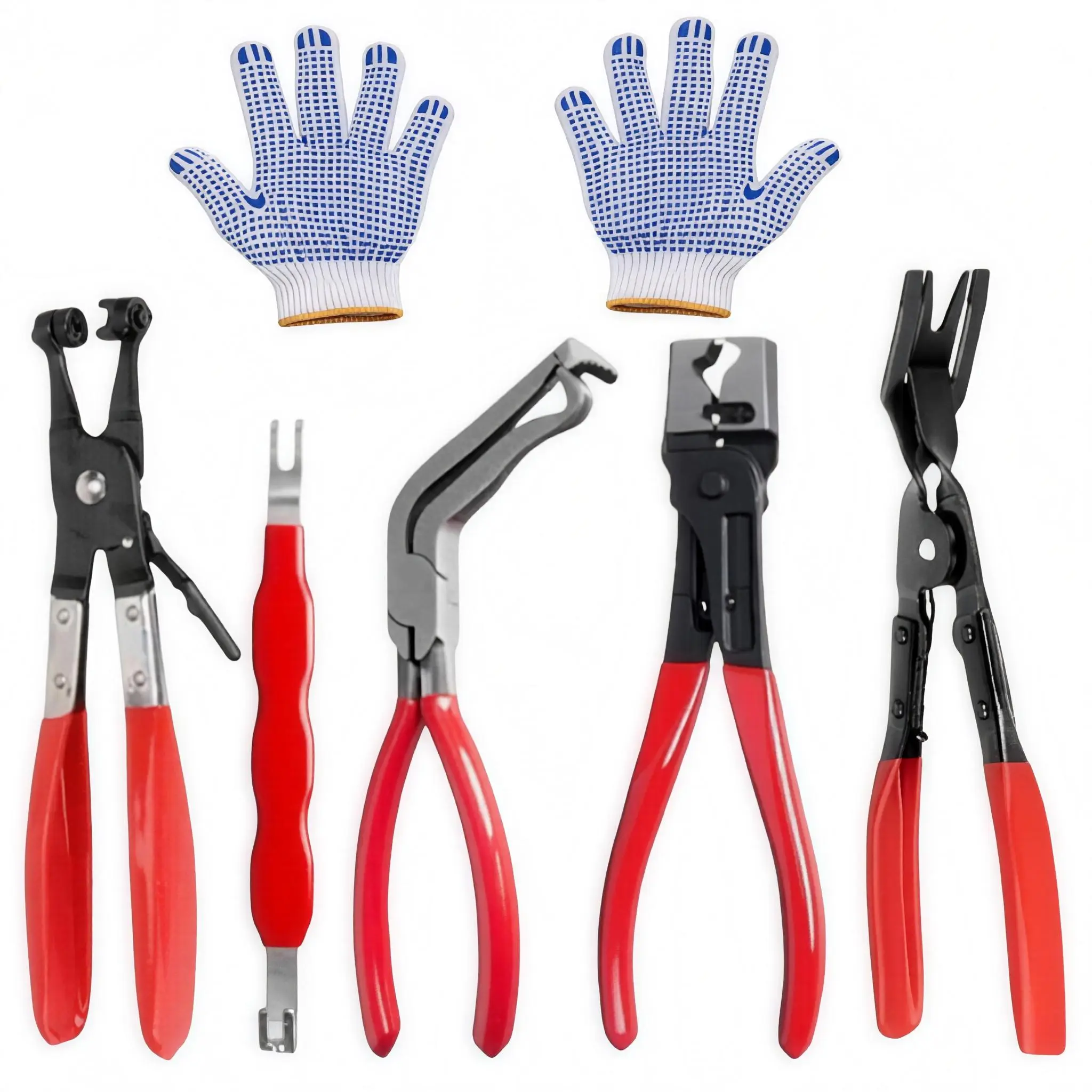 5PCS Automotive Electrical Disconnect Pliers Kit with 1 Pair of Gloves - Mechanic Car Tools & Gadgets, Car Accessories with 60° Angled Tip Connector Separator, Hose Clamp Pliers, Trim Clip Removal Tool, Plug Release, Wire Terminal Remover