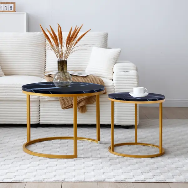 Bellemave 2-Piece Round Marble-Patterned Wooden Coffee Table Set - Modern Industrial Simple Design for Living Room, Bedroom