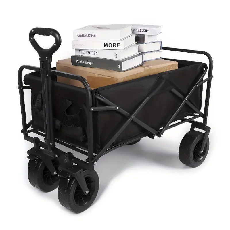 Heavy-Duty Foldable Metal Frame Trolley with Adjustable Handle, 2 Drink Holders, 4-Wheel Design - Large-Sized Home Improvement Collapsible Wagon for Camping, Shopping