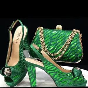 Venus Chan Green Zebra Print Party Shoe and Bag Set with Rhinestone Accents and Gold Chain Strap