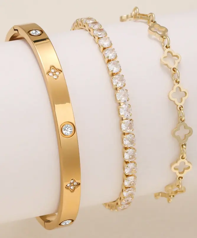 Women's 3-Pack Stainless Steel Bracelet & Bangle Set - Shiny, Elegant Luxury Costume Jewelry, Non Tarnish Jewelry, Stacking, Fashionable Creative Accessories for Women, Ideal for Anniversary, Birthday Gifts, Stainless Steel Bangles, Stacking Bangles