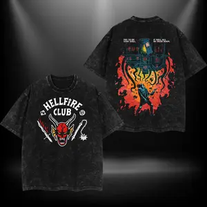 Hellfire Club Stranger Things Double Printed Oversize Lightweight Acid Washed Tee TV Show Graphic Top Cotton Gift T-Shirt For Comic Lover, Gift T-Shirt For Movie Lover 90s Graphic American Casual Short Sleeve Tee | Premium Soft Cotton Classic Unisex