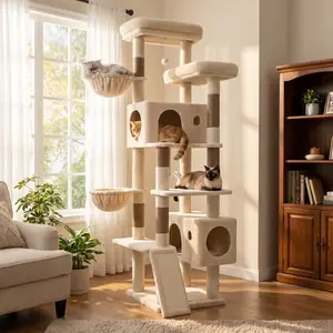DESKAT  77 Inch Heavy Duty Cat Tree for Large Cats, Sturdy Stable Multi Level Tower with 2 Condos and Hammock