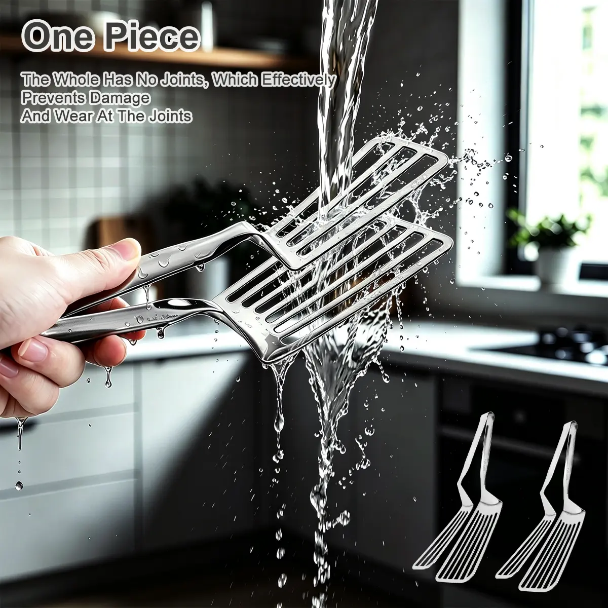 Heavy Duty Rustproof Slotted Spatula Tongs, 2-in-1 Food Turner for Home Cooking, Grilling & Buffet