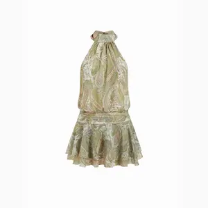 Cider Chiffon Paisley Halter Neckline Shirred Layered Mini Dress