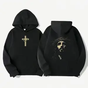 Hoodie Printed Cross on Front and Jesus Wearing Crown of Thorns on Back 4PW