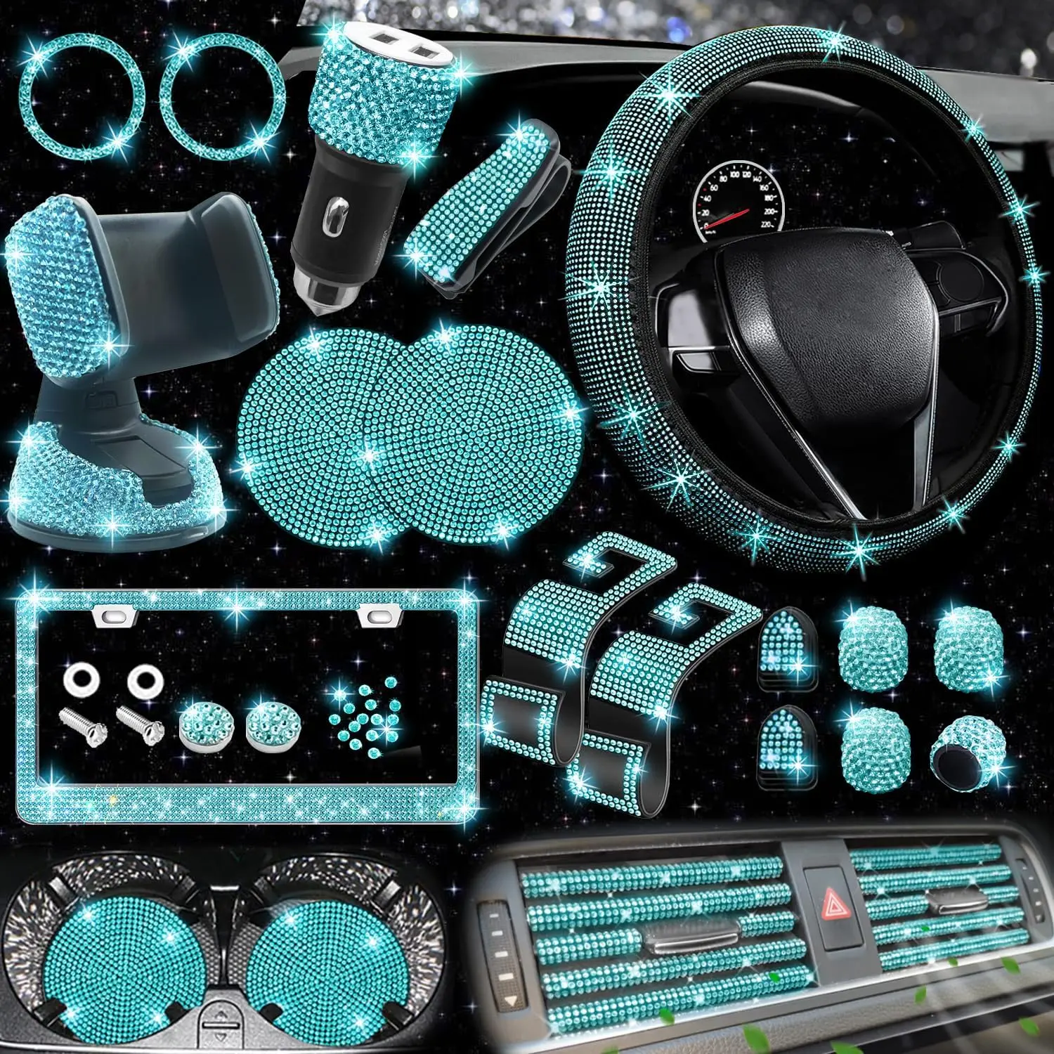 27 PCs Aquamrine Bling Car Accessories Set for Women, Steering Wheel Covers Universal Fit 15 Inch, Bling License Plate Frame, Bling Phone Holder, Bling Car Coasters (Aquamrine Diamond)