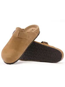 Women Men Round Toe Cork Footbed Clogs Fashion Suede Shoes Slide Outdoor Slippers with Strap Adjustable Flat Buckle Clogs Retro Fashion Walking Shoes Slippers 【SIZE DOWN IF SMALL FEET】