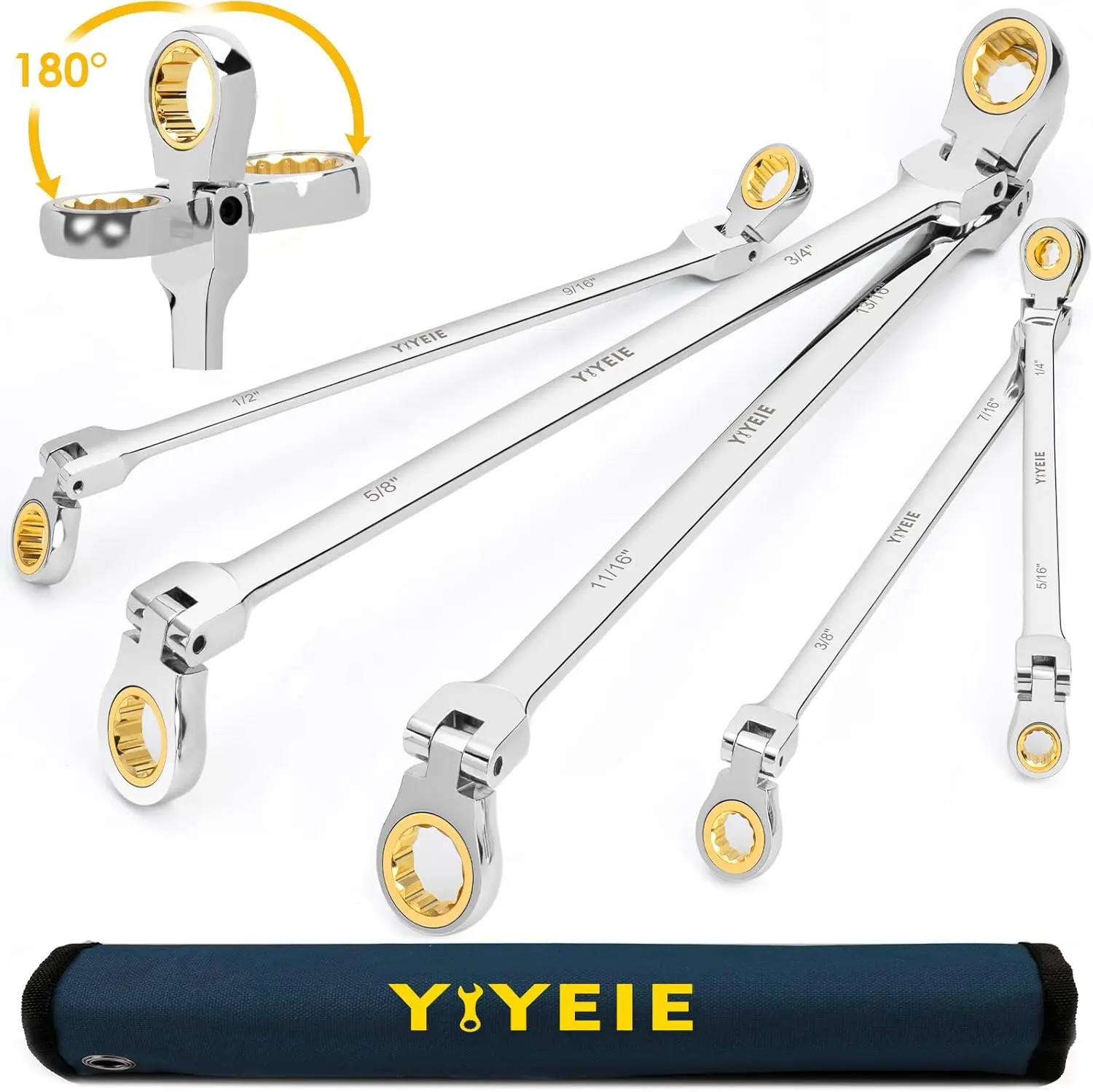 YIYEIE 5-Pcs 180° Flex-Head Ratcheting Wrench Set, SAE 1/4"-13/16" 12-Point Double Box End CR-V Auto Repair Tools, 72-Teeth Labor-Saving Spanners with Rolling Pouch for Tight Bolts, 72-Tooth