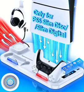 For PS5 Slim Stand and Cooling Station with Dual Controller Charging Station for Playsation 5 Slim Disc/Slim Digital Console,PS5 Slim Accessories with 3 Levels Cooling Fan & Headset Holder