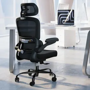 Ergonomic Office Chair - Breathable Mesh & Leather Seat - Space-Saving Flip-up Arms - High Back Support Desk Chair for Home & Gaming - Adjustable Lumbar Support & Headrest