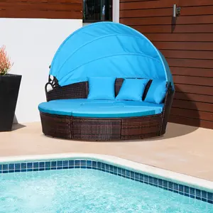【3 Packages Shipping】Outsunny Patio Furniture Set, Round Outdoor Daybed with Retractable Canopy, PE Rattan Sectional Sofa with Washable Couch Cushions for Pool, Lawn