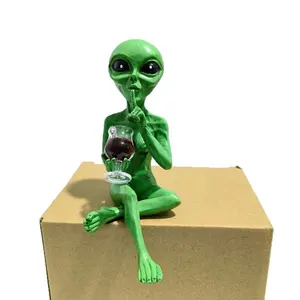Green Alien Resin Collectible Figurine Drinking Beer & Wine Sculpture Statue Figurines Sci-Fi Decor for Desk & Bookshelf Unique Gift for Alien & Space Fans