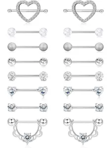 Shining 8 Pairs Silvery Exquisite 14G Nipple Rings Surgical Steel Piercing Jewelry for Women Men Sweet Heart CZ Tongue Barbell Body Piercing Shield Ring Set 5/8 Inches