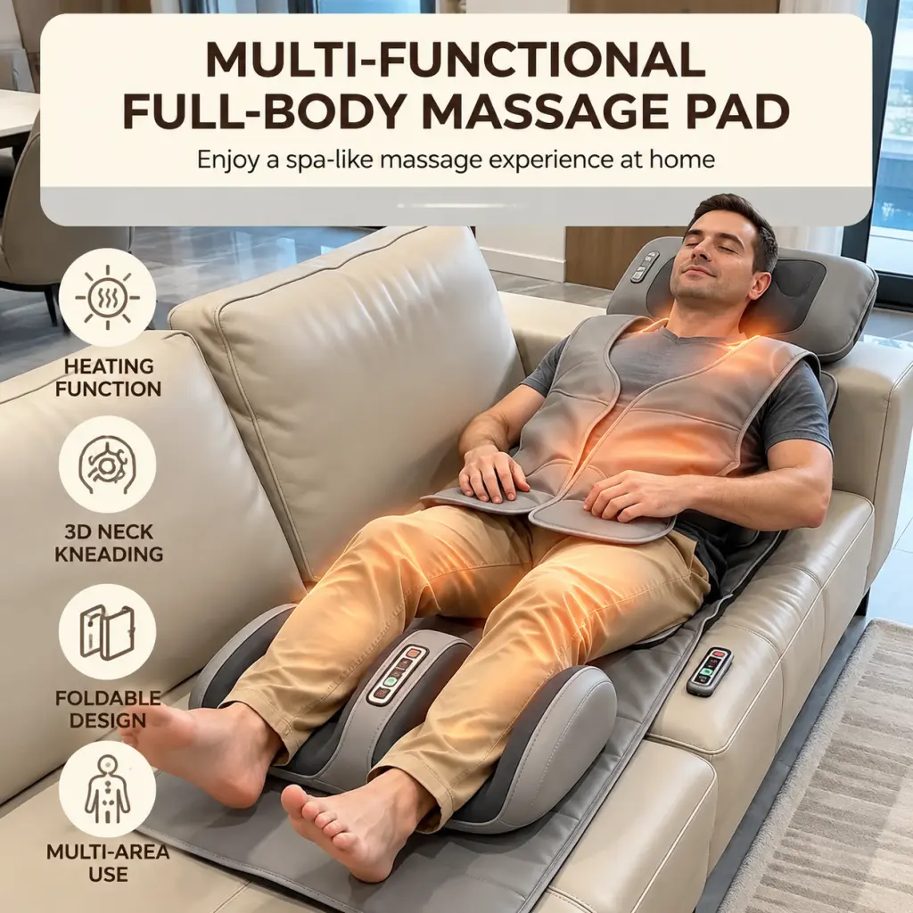 PU Multi-Function Foldable Full-Body Massage Mat - 9-Gear Detachable 3D Neck Shiatsu Kneading, Head & Arm Care, Adjustable Back Vibration (Back Only Vibrates) - Shiatsu, Foldable, Portable Vibration Devices for Body Relaxation, Self-Treat, Gifting, Shiats