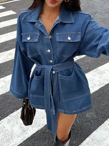 Women's Waist-Tie Midi Denim Jacket, Loose-Fit Single-Breasted Denim Dress With Large Pockets & Removable Belt, Suitable For Spring, Autumn And Winter.