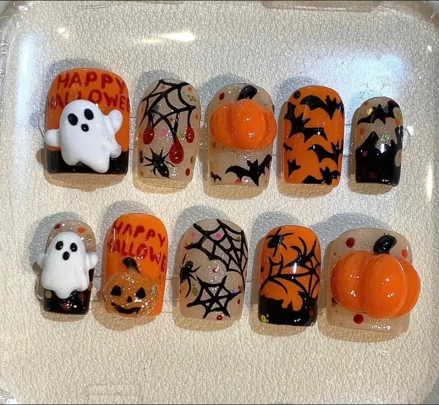 Happy Halloween Press On Nails Set 3D Cute Ghost & Pumpkin Hand Painted Gif For Halloween Party, Cosplay Nails