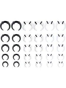 30Pcs 14G-6G Acrylic Pincher Tapers Septum Ring C Shape Buffalo Septum Stretcher Kit Expander with Black O-Rings for Stretching Pierced Nose Ear Cartilage Black White Clear Nose Rings Set