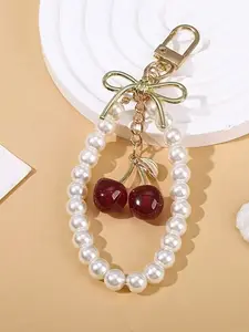 Handmade Bead Bow Cherry Keychain, Trendy Cute Keychain, Niche Fashion Design Bag Hanging Pendant, Cute Girl Style Bead Sparkling Pink Cherry Pendant Decoration, Beaded Bow, Valentine's Day, Mother's Day, Bag Charm, Bag Charm Decoration Pendant