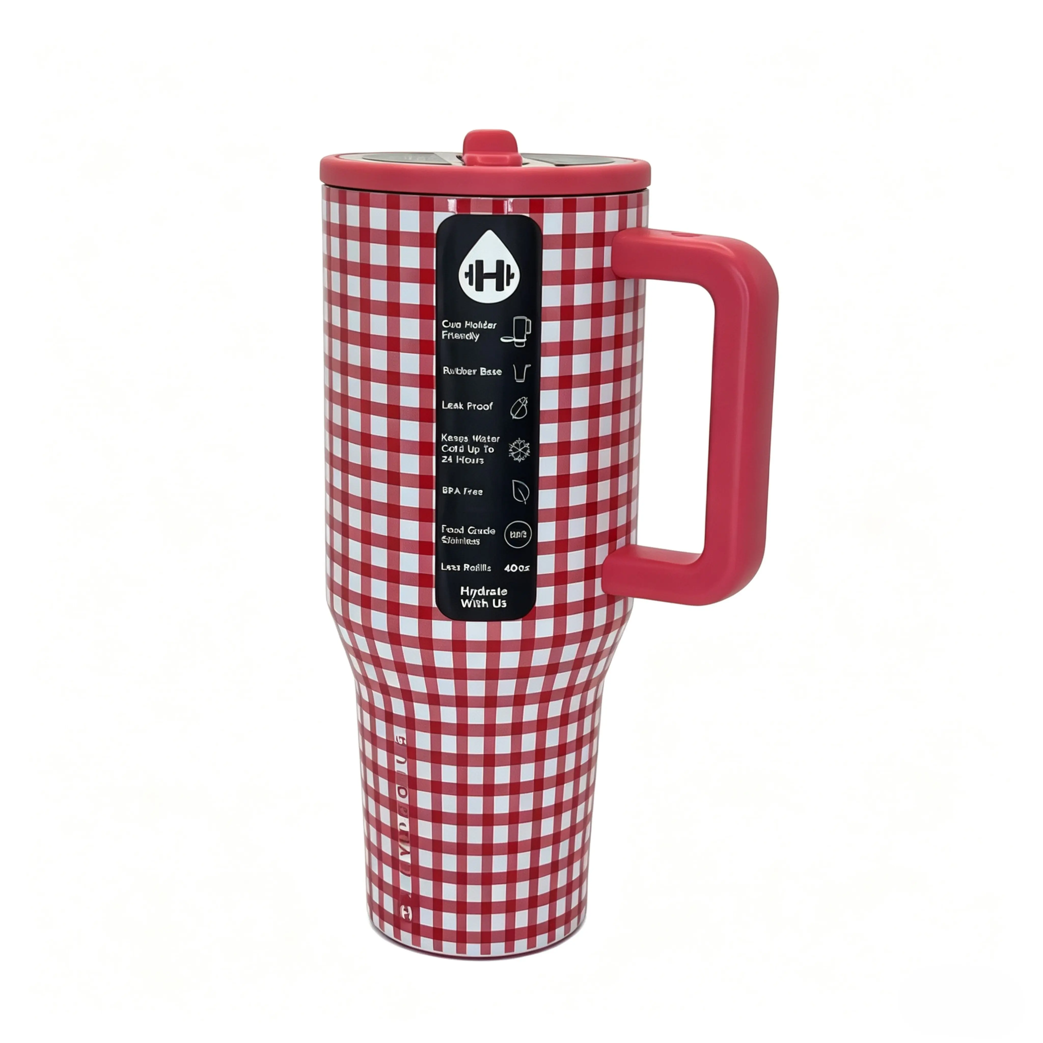 HydroJug 40oz Insulated Stainless Steel Tumbler - Drinkware Flask with Handle, Straw, Red Gingham Checkered Design, Leakproof Car-Friendly Water Cup, Flasks portable vacuum cowgirl core glitter freesip sway quencher hot beverage holder birthday christmas