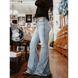 Jin-High Waisted Flare Jeans With Geometric Hem Design, Light Blue Denim, Western Style