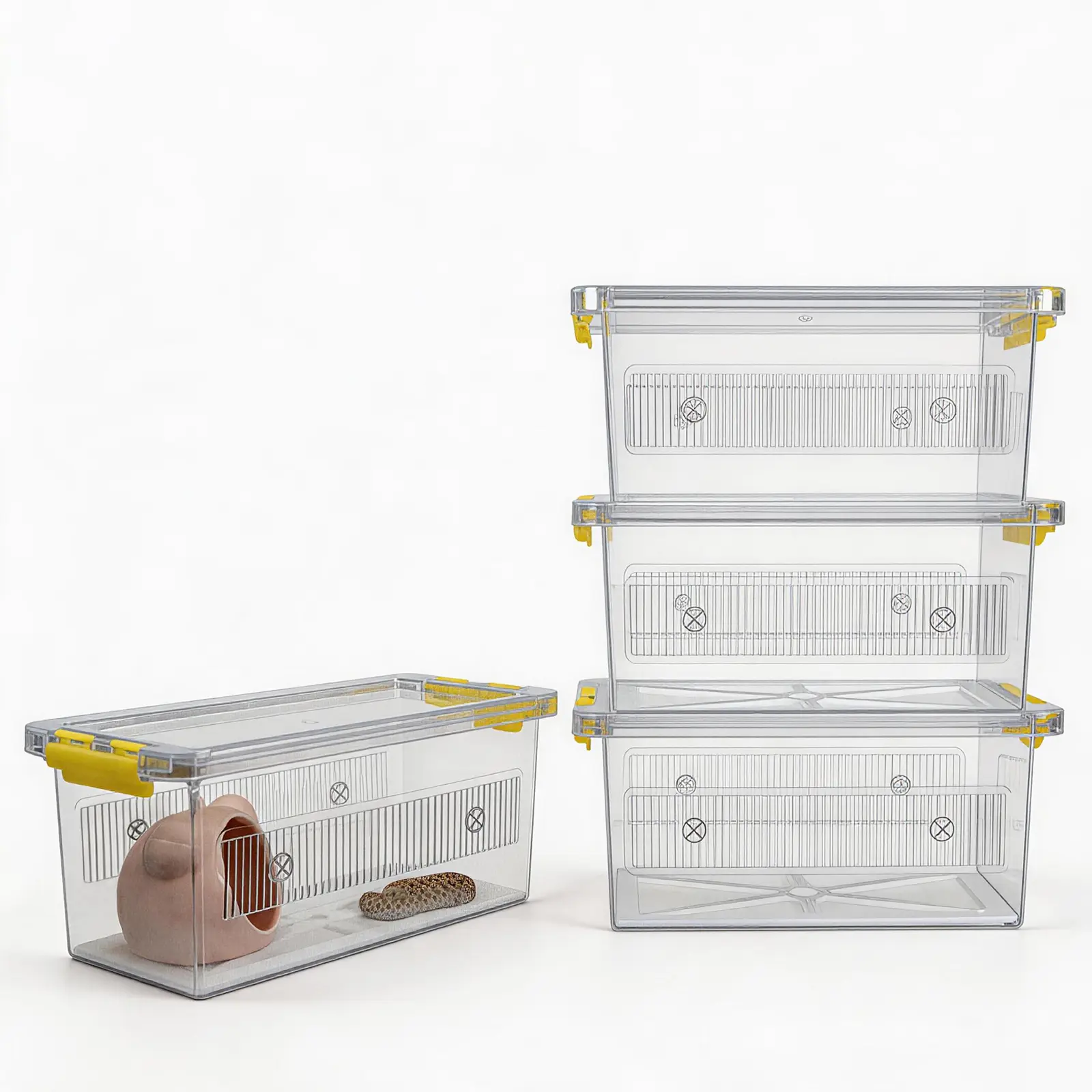 4 Pack ABS Reptile Breeding Box with 100 Non-Woven Pads Each – Stackable Reptile Enclosure for Snakes, Lizards & Spiders – Ventilated Hatchling Reptile Terrarium 8.7x4.3x3.9 Inch