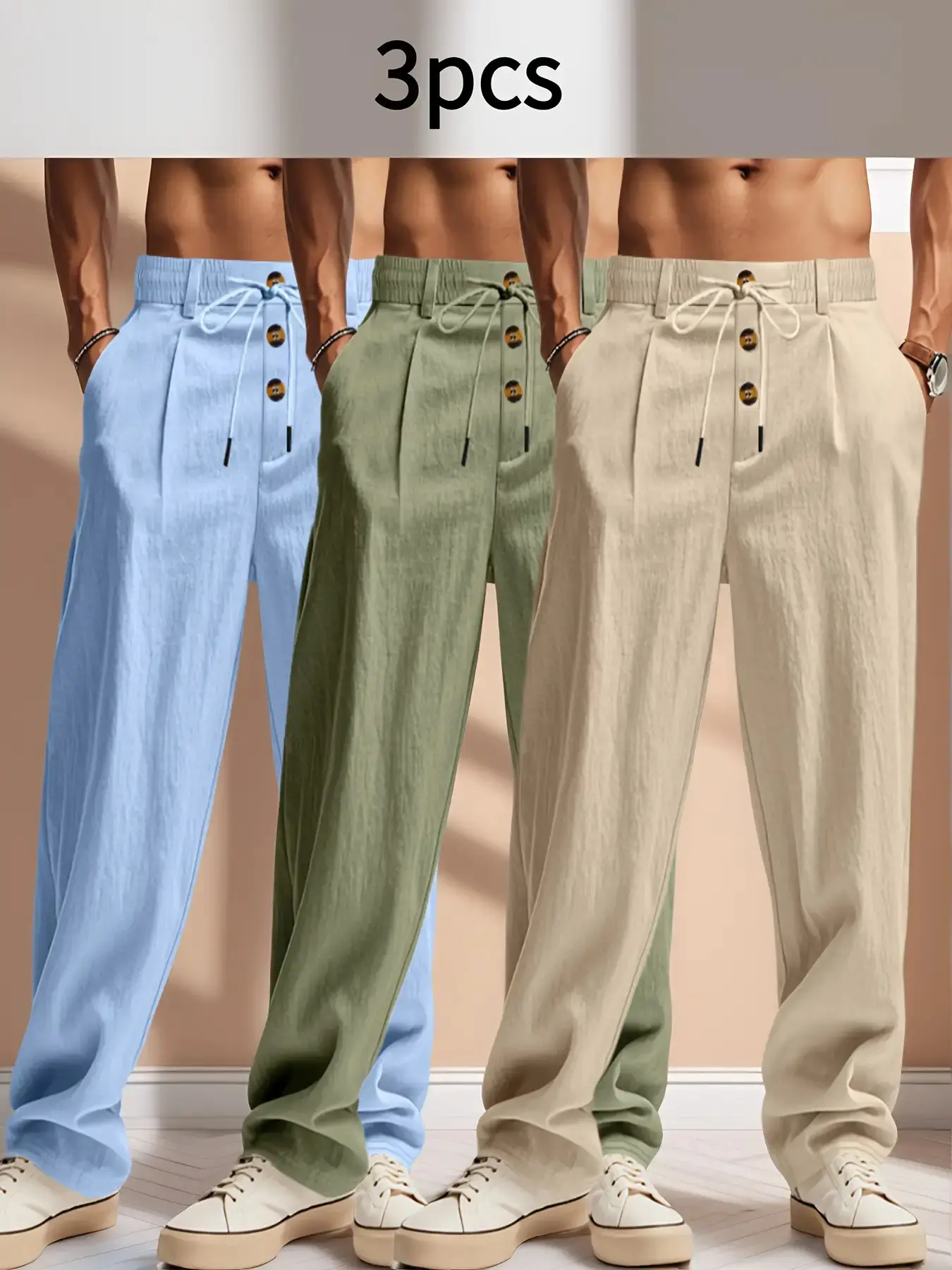 3 pieces of men's breathable linen casual pants - adjustable elastic belt & drawstring design, loose straight-leg style, button closure, beige/white/light blue, suitable for outdoor, beach, vacation and daily wear