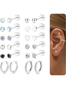 12 Pairs Hypoallergenic Flat Back Earrings for Women Men, Surgical Steel Small Stud Hoop Earrings, Zirconia Opal Heart Cartilage Set