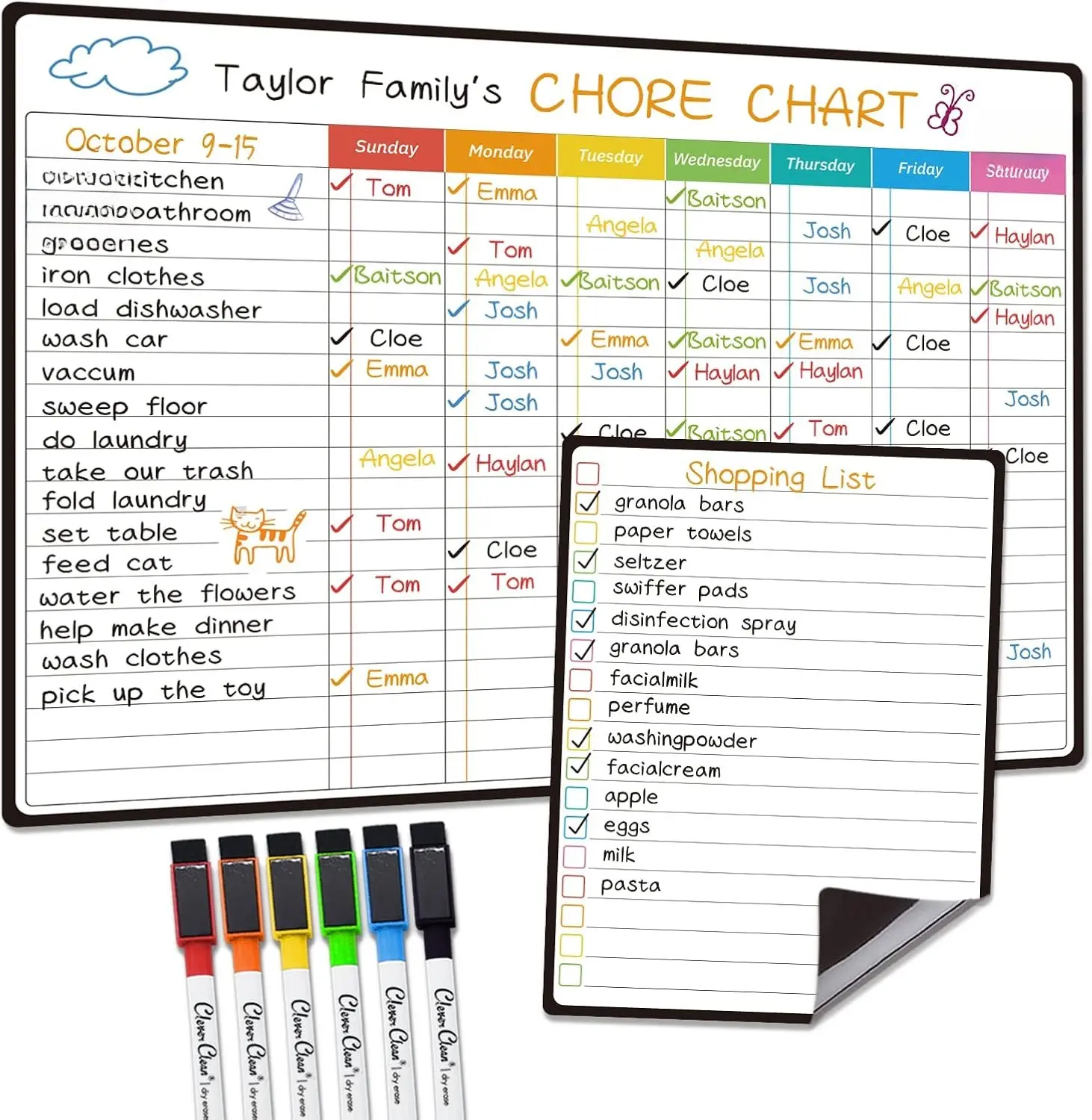 Synthetic Erasable Planning Board Bundle - 14.5in x 11in for Teens, 6.5in x 8.5in Fridge-Mount Board, 20 Lines, Nano Erase Film, Easy-to-Wipe-Off Notes, 6 Extra-Fine Point Markers, Wipe-Off Function, Shipped Flat