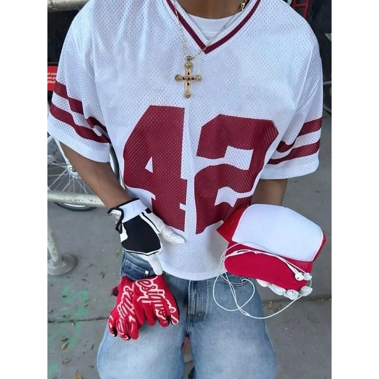 Retro 42 Breathable Mesh Jersey | Y2K street style, white and red cropped T-shirt, breathable workout top, Active Top, suitable for game day and casual wear, TikTok popular sports aesthetic WCX