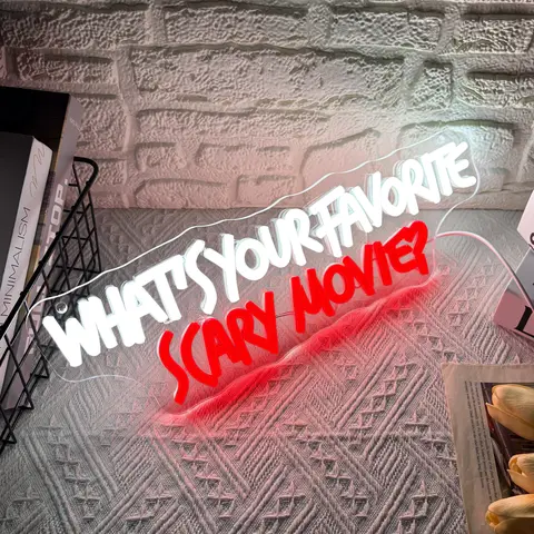 "What's Your Favorite Scary Movie?" LED Neon Light Sign, Decorative Atmosphere Lighting, Cinema Atmosphere Wall Hanging Decoration, Gift for Horror Movie Lover, USB Powered, Suitable for Clubs
