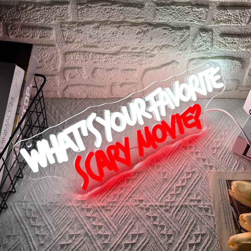 "What's Your Favorite Scary Movie?" LED Neon Light Sign, Decorative Atmosphere Lighting, Cinema Atmosphere Wall Hanging Decoration, Gift for Horror Movie Lover, USB Powered, Suitable for Clubs