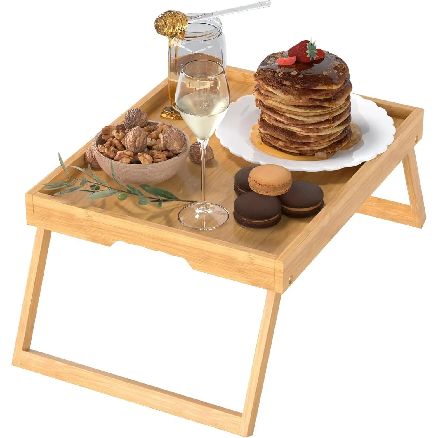 Bamboo Bed Tray Table with Foldable Legs, Breakfast in Bed Tray for Eating, Kitchen Serving Trays, Folding Table for Sofa, Beds, Eating, Working, Used As Laptop Desk Snack Trays, Brown